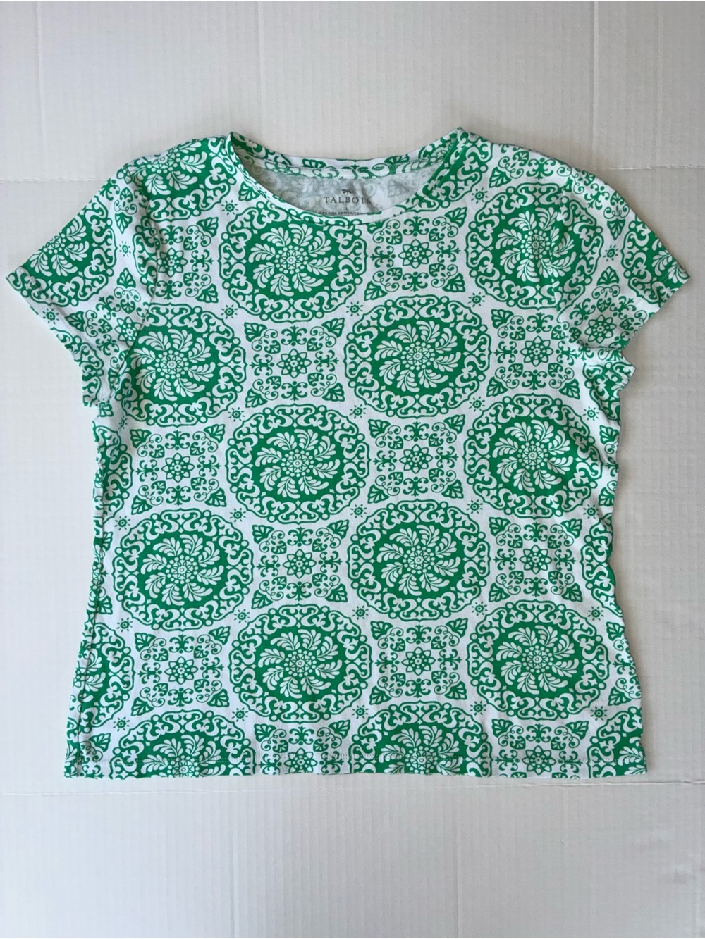 Talbots Women’s Short Sleeve Pima Cotton Top Size Large White Green Ornate